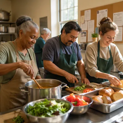 Church Kitchen Volunteers Preparing Meal Together