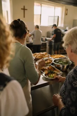 Church Kitchen Volunteers Preparing Shared Meal
