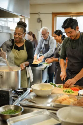 Volunteers Preparing Meal in Church Kitchen