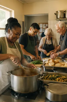 Volunteers Preparing Meal in Church Kitchen