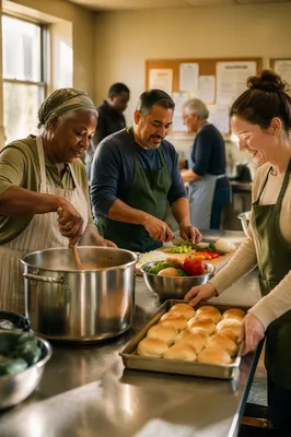 Volunteers Preparing Meal in Church Kitchen