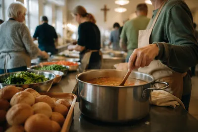 Church Kitchen Volunteers Preparing Community Meal