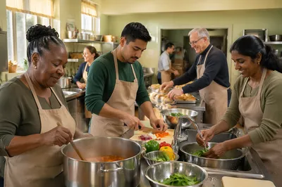 Church Volunteers Preparing Meal in Kitchen