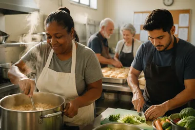 Church Kitchen Volunteers Preparing Community Meal