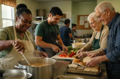 Church Volunteers Preparing Meal in Kitchen