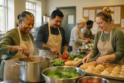 Volunteers Preparing Meal in Church Kitchen