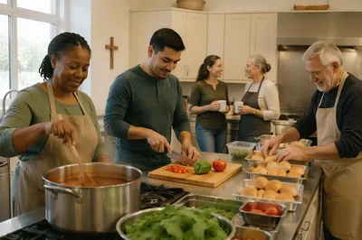 Volunteers Preparing Meal in Bright Kitchen