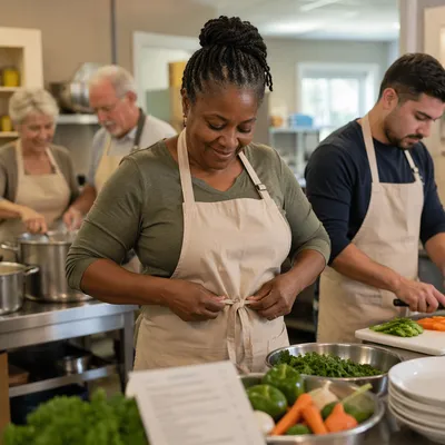 Volunteers Preparing Meal in Church Kitchen