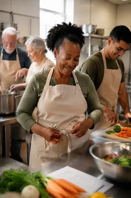 Volunteers Preparing Meal in Church Kitchen