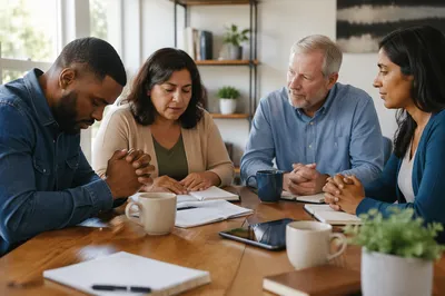 Church Team Praying Around Wooden Table