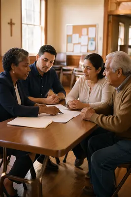 Volunteer Lawyers Assisting Family in Church Hall