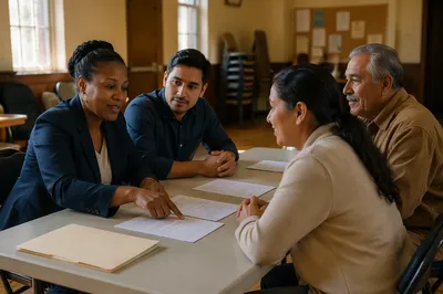 Volunteer Lawyers Assisting Family in Church Hall