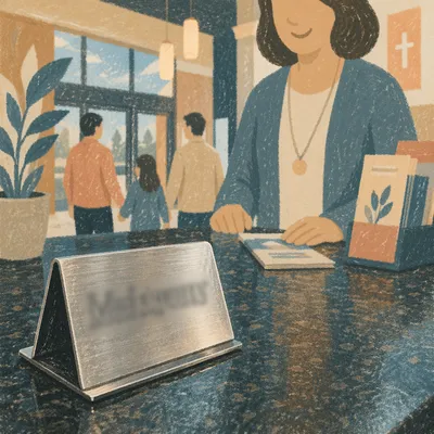 Smiling Church Lobby Welcome Desk Scene