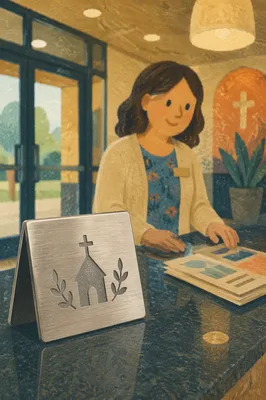 Smiling Church Lobby Welcome Desk Scene