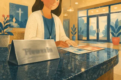 Smiling Church Lobby Welcome Desk Greeter