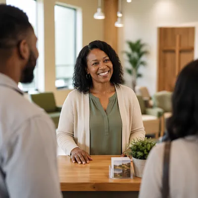 Smiling Woman at Church Welcome Desk