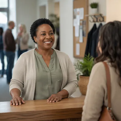 Smiling Woman at Church Welcome Desk