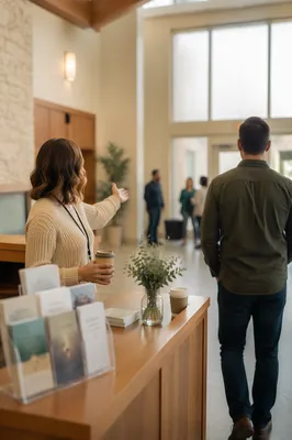 Smiling Church Lobby Welcome Desk Greeter
