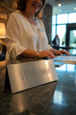 Welcoming Church Lobby Desk Greeter Closeup
