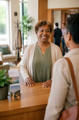 Smiling Woman at Church Welcome Desk