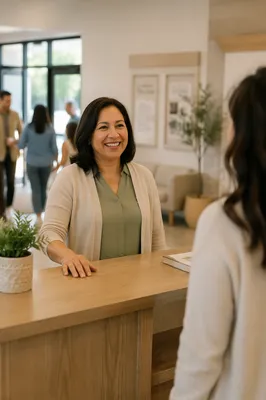 Smiling Woman at Church Welcome Desk