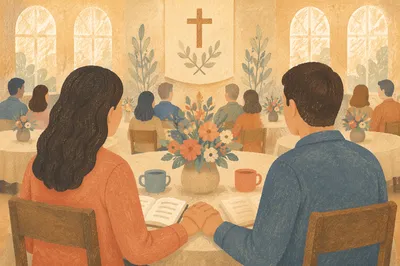 Couple at Church Marriage Retreat Table