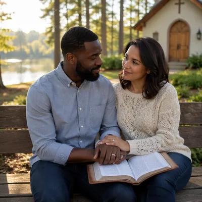 Couple on Bench by Lakeside Chapel