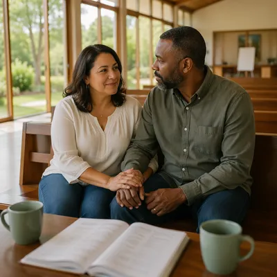 Couple Holding Hands in Bright Retreat Hall