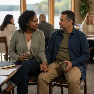 Couple Holding Hands in Lodge Meeting Room