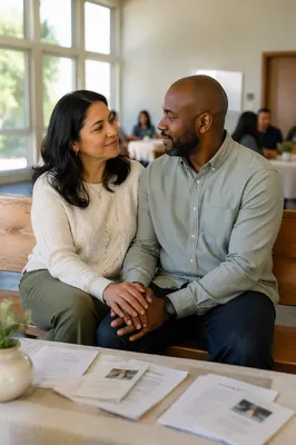 Couple Holding Hands on Wooden Bench