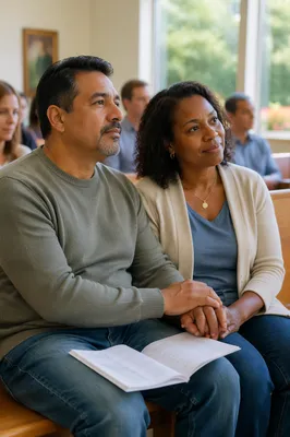 Couple Holding Hands in Bright Meeting Room