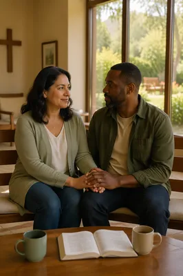Couple Holding Hands in Bright Retreat Hall