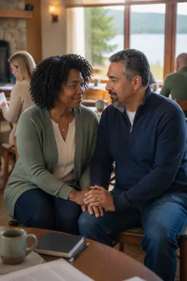 Couple Holding Hands in Retreat Room