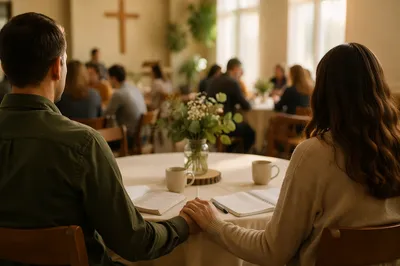 Couple at Church Marriage Retreat Table