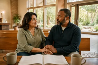Married Couple Holding Hands in Retreat Hall