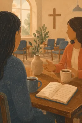 Church Mentoring Coffee Conversation in Warm Light