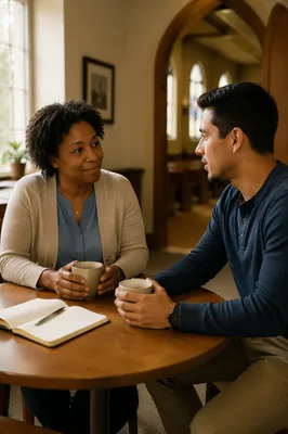 Two People Talking Over Coffee Indoors
