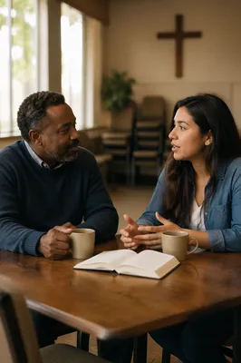 Two Adults Talking Over Coffee