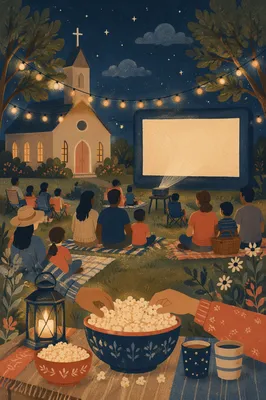 Outdoor Church Movie Night Under String Lights
