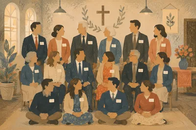 Welcoming Church Team With Visitor Name Tags