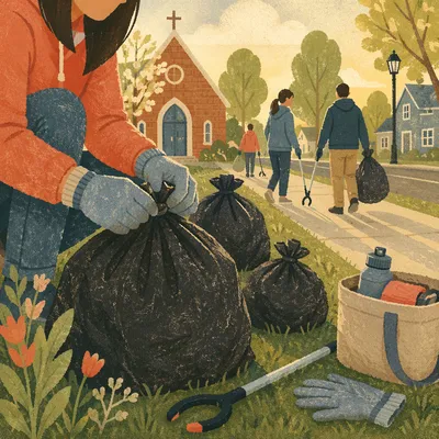 Church Neighborhood Cleanup with Trash Bags