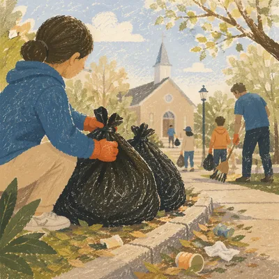 Church Neighborhood Cleanup on Spring Morning