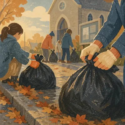 Church Neighborhood Cleanup on Autumn Morning