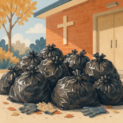 Church Neighborhood Cleanup Trash Bags Outside Hall