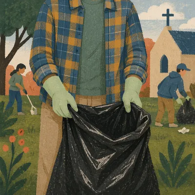 Church Volunteer Neighborhood Cleanup With Trash Bag