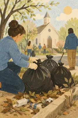 Church Neighborhood Cleanup on Spring Morning