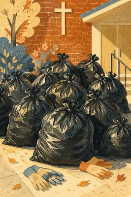 Church Neighborhood Cleanup Trash Bags Outside Hall