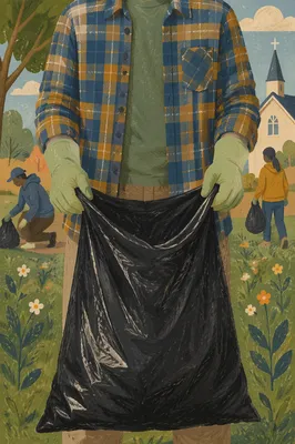 Church Volunteer Neighborhood Cleanup With Trash Bag
