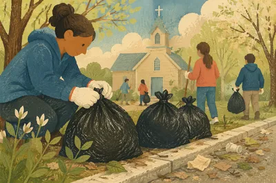 Church Neighborhood Cleanup on Spring Morning