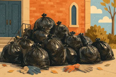 Church Neighborhood Cleanup Trash Bags Scene